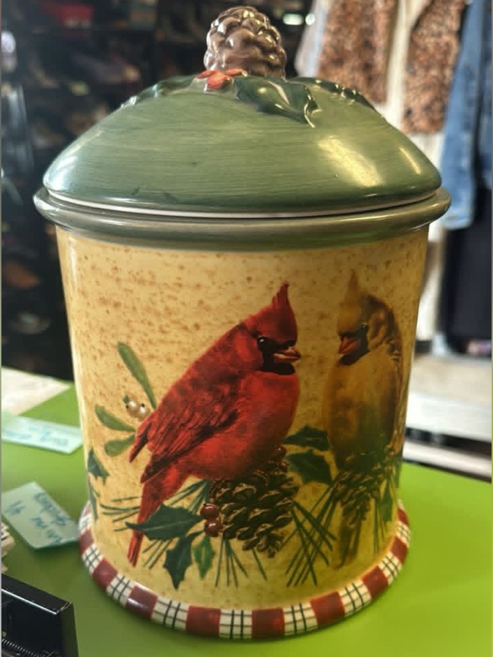 Lenox Red Cardinal Ceramic Canister with Green Lid